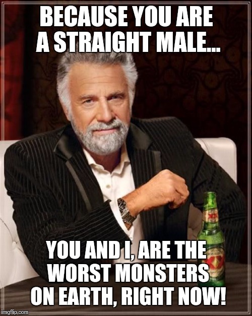 The Most Interesting Man In The World Meme | BECAUSE YOU ARE A STRAIGHT MALE... YOU AND I, ARE THE WORST MONSTERS ON EARTH, RIGHT NOW! | image tagged in memes,the most interesting man in the world | made w/ Imgflip meme maker