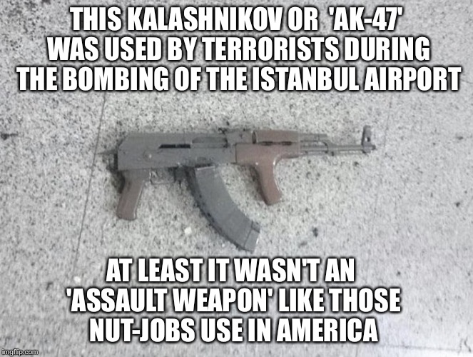 Nobody can spin The News quite like we do here in America | THIS KALASHNIKOV OR  'AK-47' WAS USED BY TERRORISTS DURING THE BOMBING OF THE ISTANBUL AIRPORT; AT LEAST IT WASN'T AN 'ASSAULT WEAPON' LIKE THOSE NUT-JOBS USE IN AMERICA | image tagged in trump 2016 | made w/ Imgflip meme maker