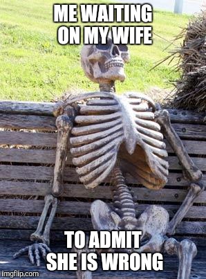 Waiting Skeleton Meme | ME WAITING ON MY WIFE; TO ADMIT SHE IS WRONG | image tagged in memes,waiting skeleton | made w/ Imgflip meme maker
