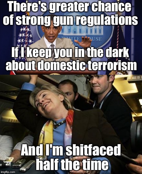 There's greater chance of strong gun regulations And I'm shitfaced half the time If I keep you in the dark about domestic terrorism | made w/ Imgflip meme maker