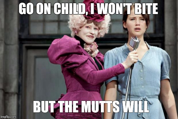 Hunger Games | GO ON CHILD, I WON'T BITE; BUT THE MUTTS WILL | image tagged in hunger games | made w/ Imgflip meme maker