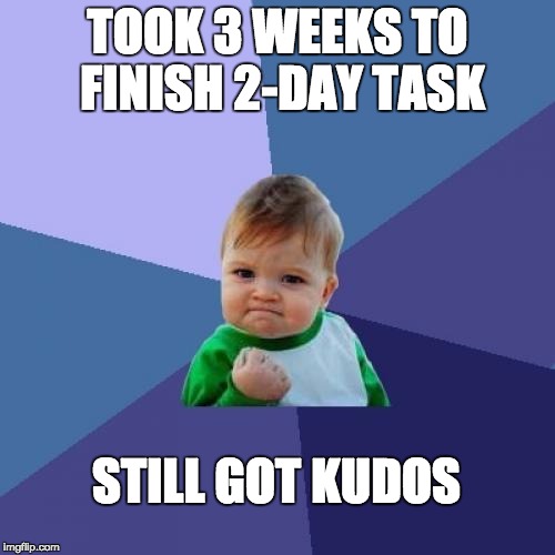 Success Kid | TOOK 3 WEEKS TO FINISH 2-DAY TASK; STILL GOT KUDOS | image tagged in memes,success kid | made w/ Imgflip meme maker