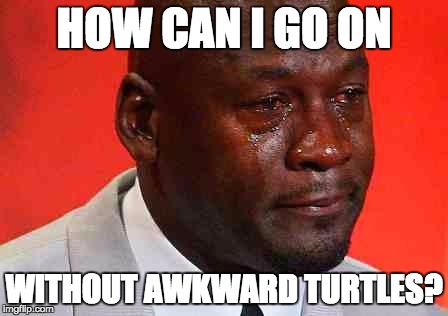 crying michael jordan | HOW CAN I GO ON; WITHOUT AWKWARD TURTLES? | image tagged in crying michael jordan | made w/ Imgflip meme maker