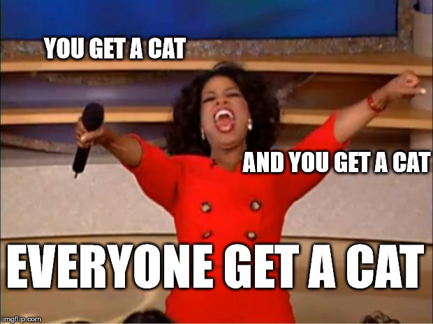 Oprah You Get A Meme | YOU GET A CAT; AND YOU GET A CAT; EVERYONE GET A CAT | image tagged in memes,oprah you get a | made w/ Imgflip meme maker