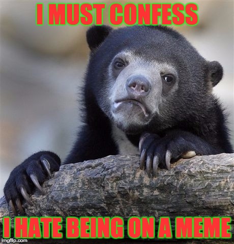 Confession Bear | I MUST CONFESS; I HATE BEING ON A MEME | image tagged in memes,confession bear | made w/ Imgflip meme maker