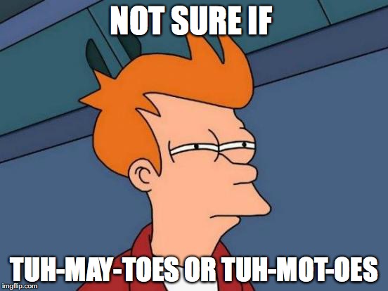 Futurama Fry Meme | NOT SURE IF; TUH-MAY-TOES OR TUH-MOT-OES | image tagged in memes,futurama fry | made w/ Imgflip meme maker