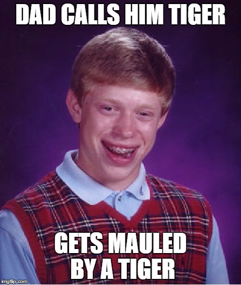 Bad Luck Brian Meme | DAD CALLS HIM TIGER; GETS MAULED BY A TIGER | image tagged in memes,bad luck brian | made w/ Imgflip meme maker