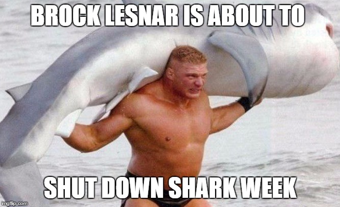 Remember when Brock Lesnar F-5'd a shark? | BROCK LESNAR IS ABOUT TO; SHUT DOWN SHARK WEEK | image tagged in wwe brock lesnar,shark week | made w/ Imgflip meme maker
