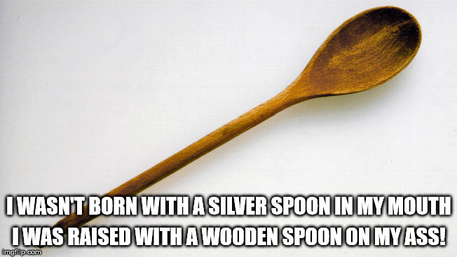 growing up old school | I WAS RAISED WITH A WOODEN SPOON ON MY ASS! I WASN'T BORN WITH A SILVER SPOON IN MY MOUTH | image tagged in funny,funny memes,memes,discipline,whip | made w/ Imgflip meme maker