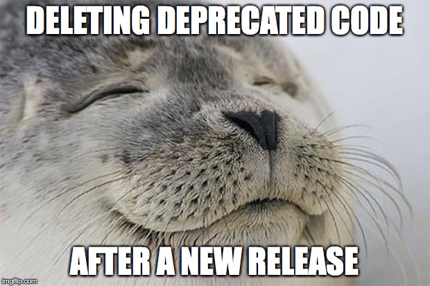 Satisfied Seal Meme | DELETING DEPRECATED CODE; AFTER A NEW RELEASE | image tagged in memes,satisfied seal | made w/ Imgflip meme maker