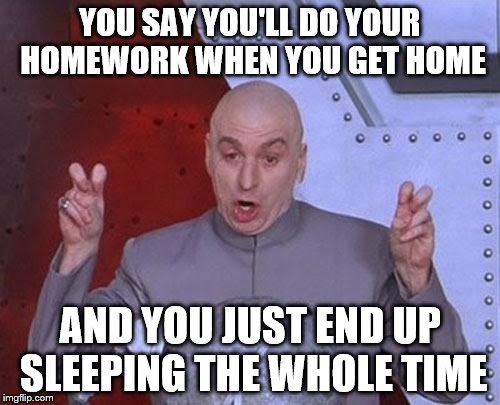 Dr Evil Laser | YOU SAY YOU'LL DO YOUR HOMEWORK WHEN YOU GET HOME; AND YOU JUST END UP SLEEPING THE WHOLE TIME | image tagged in memes,dr evil laser | made w/ Imgflip meme maker