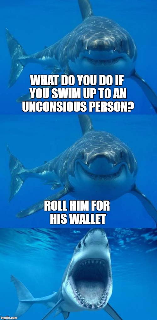 Bad Shark Pun  | WHAT DO YOU DO IF YOU SWIM UP TO AN UNCONSIOUS PERSON? ROLL HIM FOR HIS WALLET | image tagged in bad shark pun | made w/ Imgflip meme maker