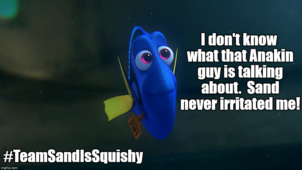 Dory vs. Anakin (#TeamSandIsSquishy) | I don't know what that Anakin guy is talking about.  Sand never irritated me! #TeamSandIsSquishy | image tagged in star wars,finding dory,sand | made w/ Imgflip meme maker