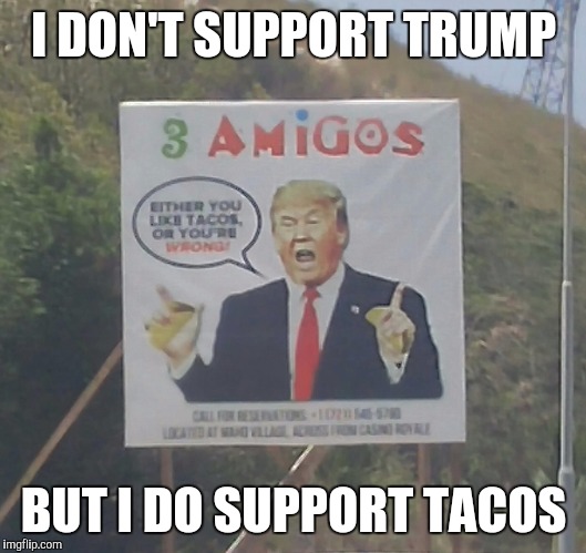 A real billboard I saw on St. Martin. | I DON'T SUPPORT TRUMP; BUT I DO SUPPORT TACOS | image tagged in donald trump,tacos | made w/ Imgflip meme maker