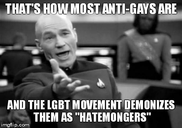 Picard Wtf Meme | THAT'S HOW MOST ANTI-GAYS ARE AND THE LGBT MOVEMENT DEMONIZES THEM AS "HATEMONGERS" | image tagged in memes,picard wtf | made w/ Imgflip meme maker