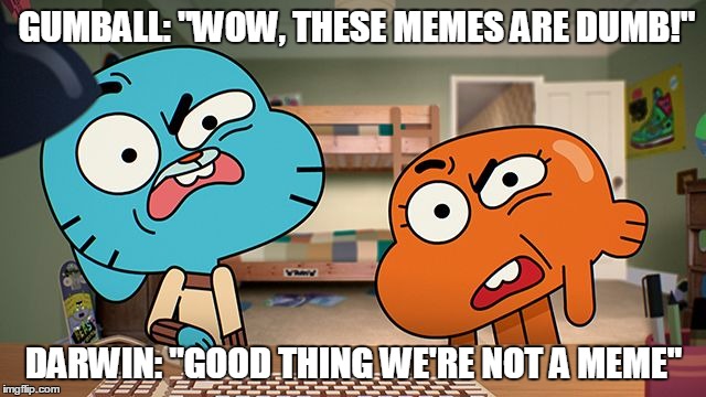gumball | GUMBALL: "WOW, THESE MEMES ARE DUMB!"; DARWIN: "GOOD THING WE'RE NOT A MEME" | image tagged in gumball | made w/ Imgflip meme maker