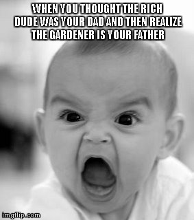 Angry Baby Meme | WHEN YOU THOUGHT THE RICH DUDE WAS YOUR DAD AND THEN REALIZE THE GARDENER IS YOUR FATHER | image tagged in memes,angry baby | made w/ Imgflip meme maker