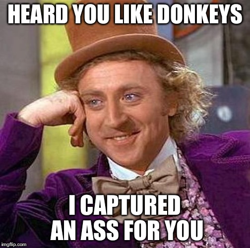 Creepy Condescending Wonka | HEARD YOU LIKE DONKEYS; I CAPTURED AN ASS FOR YOU | image tagged in memes,creepy condescending wonka | made w/ Imgflip meme maker