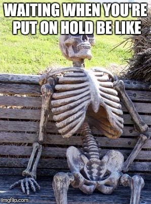 Waiting Skeleton | WAITING WHEN YOU'RE PUT ON HOLD BE LIKE | image tagged in memes,waiting skeleton | made w/ Imgflip meme maker