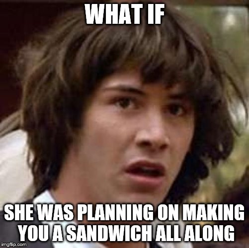 Conspiracy Keanu Meme | WHAT IF SHE WAS PLANNING ON MAKING YOU A SANDWICH ALL ALONG | image tagged in memes,conspiracy keanu | made w/ Imgflip meme maker