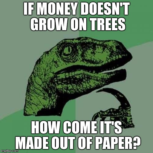 Philosoraptor | IF MONEY DOESN'T GROW ON TREES; HOW COME IT'S MADE OUT OF PAPER? | image tagged in memes,philosoraptor | made w/ Imgflip meme maker
