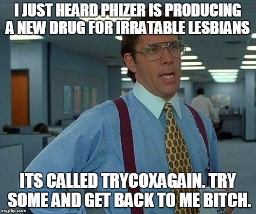 That Would Be Great Meme | I JUST HEARD PHIZER IS PRODUCING A NEW DRUG FOR IRRATABLE LESBIANS; ITS CALLED TRYCOXAGAIN. TRY SOME AND GET BACK TO ME BITCH. | image tagged in memes,that would be great | made w/ Imgflip meme maker