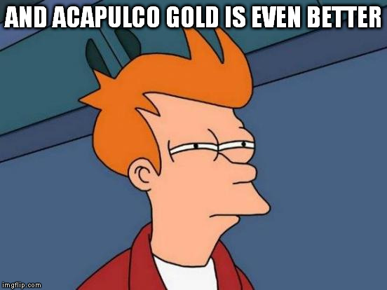 Futurama Fry Meme | AND ACAPULCO GOLD IS EVEN BETTER | image tagged in memes,futurama fry | made w/ Imgflip meme maker