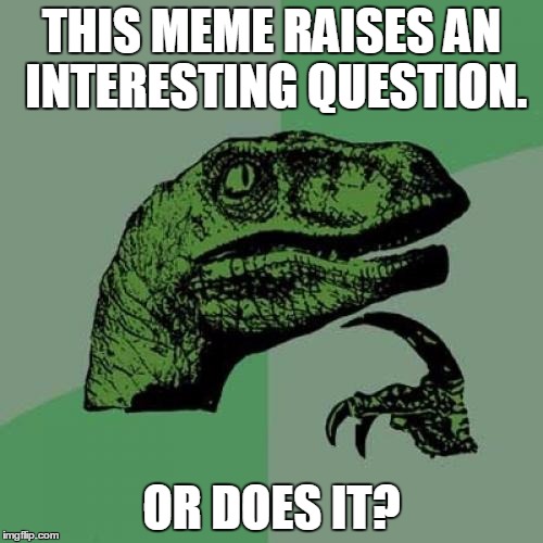 Philosoraptor | THIS MEME RAISES AN INTERESTING QUESTION. OR DOES IT? | image tagged in memes,philosoraptor,dumb,retarded,meme,question | made w/ Imgflip meme maker