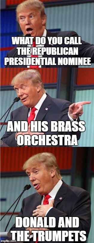 Bad Pun Trump | WHAT DO YOU CALL THE REPUBLICAN PRESIDENTIAL NOMINEE; AND HIS BRASS ORCHESTRA; DONALD AND THE TRUMPETS | image tagged in bad pun trump | made w/ Imgflip meme maker