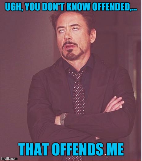Face You Make Robert Downey Jr Meme | UGH, YOU DON'T KNOW OFFENDED,... THAT OFFENDS ME | image tagged in memes,face you make robert downey jr | made w/ Imgflip meme maker