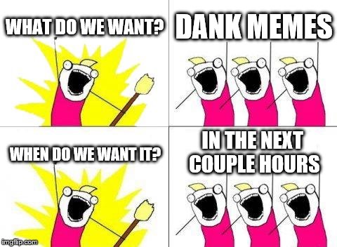 What Do We Want Meme | WHAT DO WE WANT? DANK MEMES; IN THE NEXT COUPLE HOURS; WHEN DO WE WANT IT? | image tagged in memes,what do we want | made w/ Imgflip meme maker