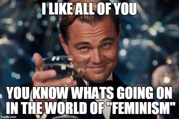 Leonardo Dicaprio Cheers Meme | I LIKE ALL OF YOU YOU KNOW WHATS GOING ON IN THE WORLD OF "FEMINISM" | image tagged in memes,leonardo dicaprio cheers | made w/ Imgflip meme maker