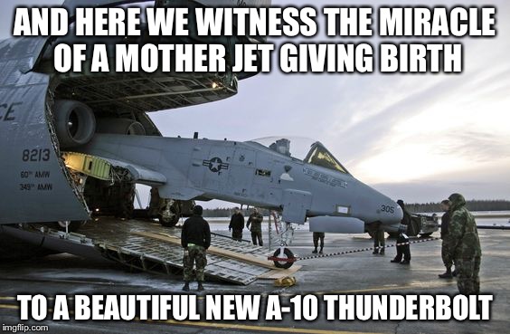 The miracle of birth | AND HERE WE WITNESS THE MIRACLE OF A MOTHER JET GIVING BIRTH; TO A BEAUTIFUL NEW A-10 THUNDERBOLT | image tagged in warthog,thuderbolt,memes | made w/ Imgflip meme maker