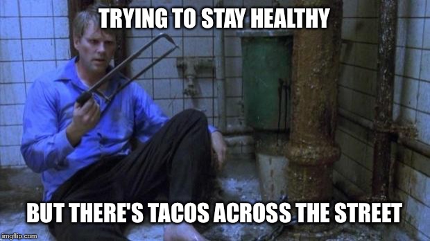 My infernal love for tacos  | TRYING TO STAY HEALTHY; BUT THERE'S TACOS ACROSS THE STREET | image tagged in saw decisions,tacos,salad,trying to be healthy,unhealthy,healthy | made w/ Imgflip meme maker