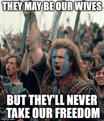 Braveheart | THEY MAY BE OUR WIVES; BUT THEY'LL NEVER TAKE OUR FREEDOM | image tagged in braveheart | made w/ Imgflip meme maker