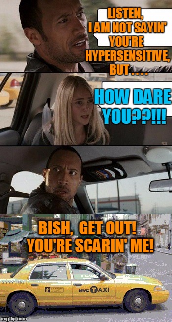 Rock Taxi get out! | LISTEN,  I AM NOT SAYIN' YOU'RE  HYPERSENSITIVE,  BUT . . . . HOW DARE YOU??!!! BISH,  GET OUT!  YOU'RE SCARIN' ME! | image tagged in rock taxi get out | made w/ Imgflip meme maker