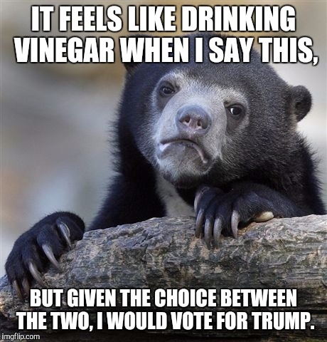 Confession Bear Meme | IT FEELS LIKE DRINKING VINEGAR WHEN I SAY THIS, BUT GIVEN THE CHOICE BETWEEN THE TWO, I WOULD VOTE FOR TRUMP. | image tagged in memes,confession bear | made w/ Imgflip meme maker