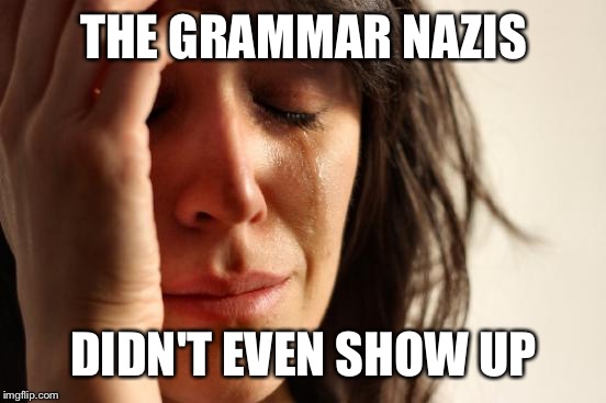 First World Problems Meme | THE GRAMMAR NAZIS DIDN'T EVEN SHOW UP | image tagged in memes,first world problems | made w/ Imgflip meme maker