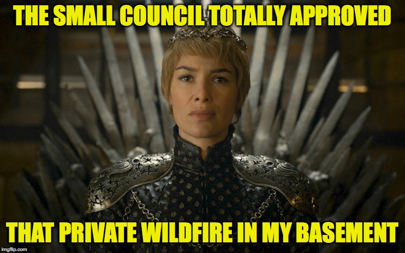 Plus, Aerys did the same thing! | THE SMALL COUNCIL TOTALLY APPROVED; THAT PRIVATE WILDFIRE IN MY BASEMENT | image tagged in cersei lannister,hillary clinton | made w/ Imgflip meme maker