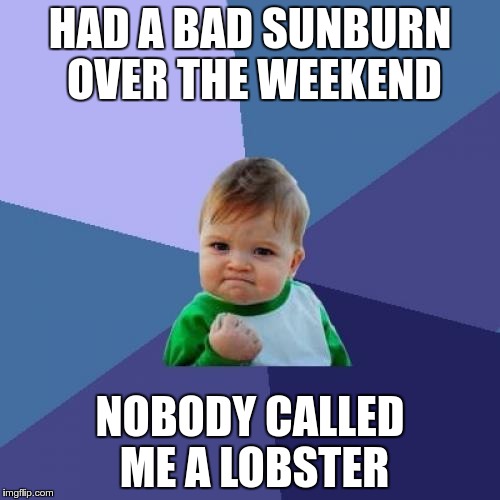 Little things.. | HAD A BAD SUNBURN OVER THE WEEKEND; NOBODY CALLED ME A LOBSTER | image tagged in memes,success kid,sunburn | made w/ Imgflip meme maker