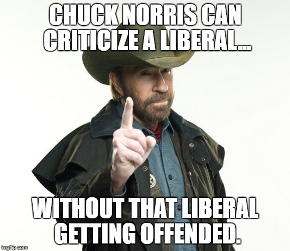 That's something only Chuck can do. | CHUCK NORRIS CAN CRITICIZE A LIBERAL... WITHOUT THAT LIBERAL GETTING OFFENDED. | image tagged in chuck norris,memes,funny,liberals | made w/ Imgflip meme maker