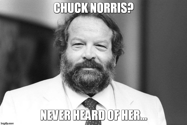 RIP Carlo Pedersoli | CHUCK NORRIS? NEVER HEARD OF HER... | image tagged in bud spencer,chuck norris | made w/ Imgflip meme maker