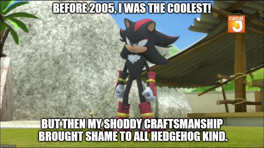 Shadow's 2005 Shoddy Craftmanship | BEFORE 2005, I WAS THE COOLEST! BUT THEN MY SHODDY CRAFTSMANSHIP BROUGHT SHAME TO ALL HEDGEHOG KIND. | image tagged in shoddy craftmanship,shadow the hedgehog,sonic boom | made w/ Imgflip meme maker