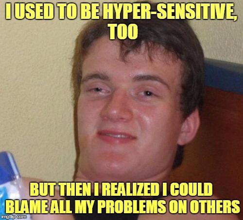 10 Guy Meme | I USED TO BE HYPER-SENSITIVE, TOO BUT THEN I REALIZED I COULD BLAME ALL MY PROBLEMS ON OTHERS | image tagged in memes,10 guy | made w/ Imgflip meme maker