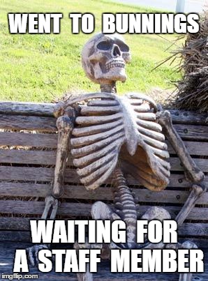 Waiting Skeleton Meme | WENT  TO  BUNNINGS; WAITING  FOR  A  STAFF  MEMBER | image tagged in memes,waiting skeleton | made w/ Imgflip meme maker