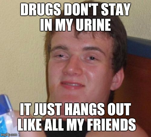 10 Guy | DRUGS DON'T STAY IN MY URINE; IT JUST HANGS OUT LIKE ALL MY FRIENDS | image tagged in memes,10 guy | made w/ Imgflip meme maker