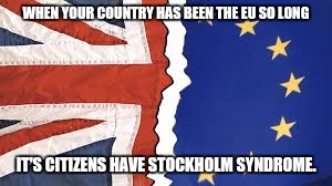 Brexit protesters | WHEN YOUR COUNTRY HAS BEEN THE EU SO LONG; IT'S CITIZENS HAVE STOCKHOLM SYNDROME. | image tagged in eu referendum | made w/ Imgflip meme maker