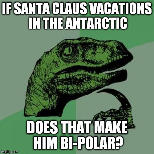 Philosoraptor | IF SANTA CLAUS VACATIONS IN THE ANTARCTIC; DOES THAT MAKE HIM BI-POLAR? | image tagged in memes,philosoraptor | made w/ Imgflip meme maker