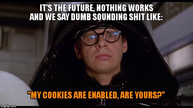 Spaceballs | IT'S THE FUTURE, NOTHING WORKS AND WE SAY DUMB SOUNDING SHIT LIKE:; "MY COOKIES ARE ENABLED, ARE YOURS?" | image tagged in spaceballs | made w/ Imgflip meme maker