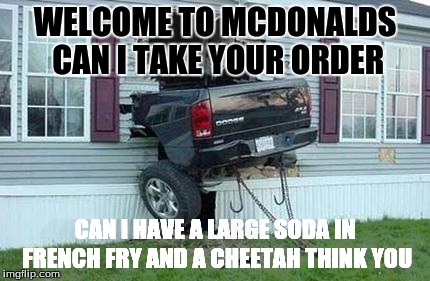 funny car crash | WELCOME TO MCDONALDS CAN I TAKE YOUR ORDER; CAN I HAVE A LARGE SODA IN FRENCH FRY AND A CHEETAH THINK YOU | image tagged in funny car crash | made w/ Imgflip meme maker